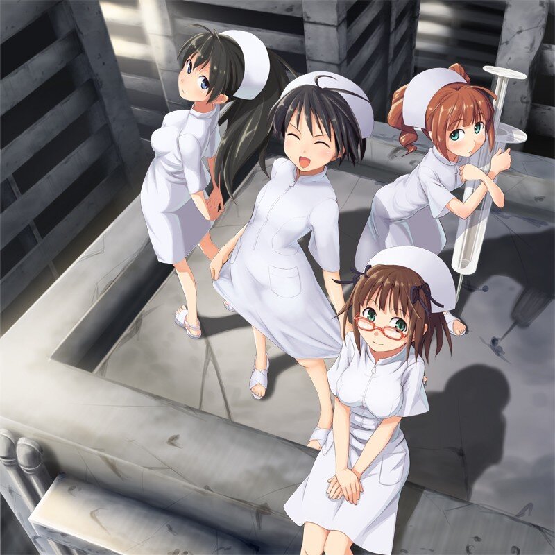 anime nurses in a concrete room