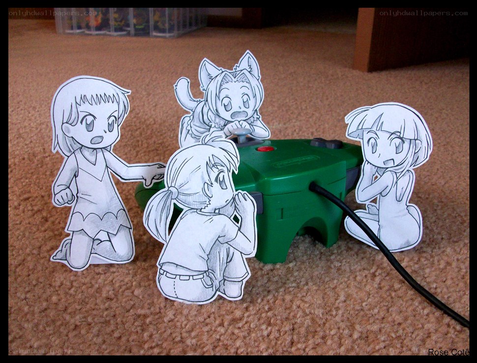 anime paper figures with game console
