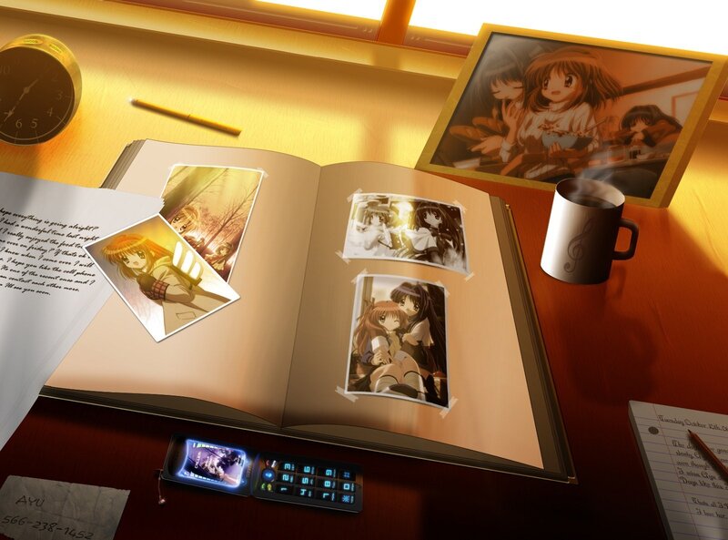 Anime photos on a desk