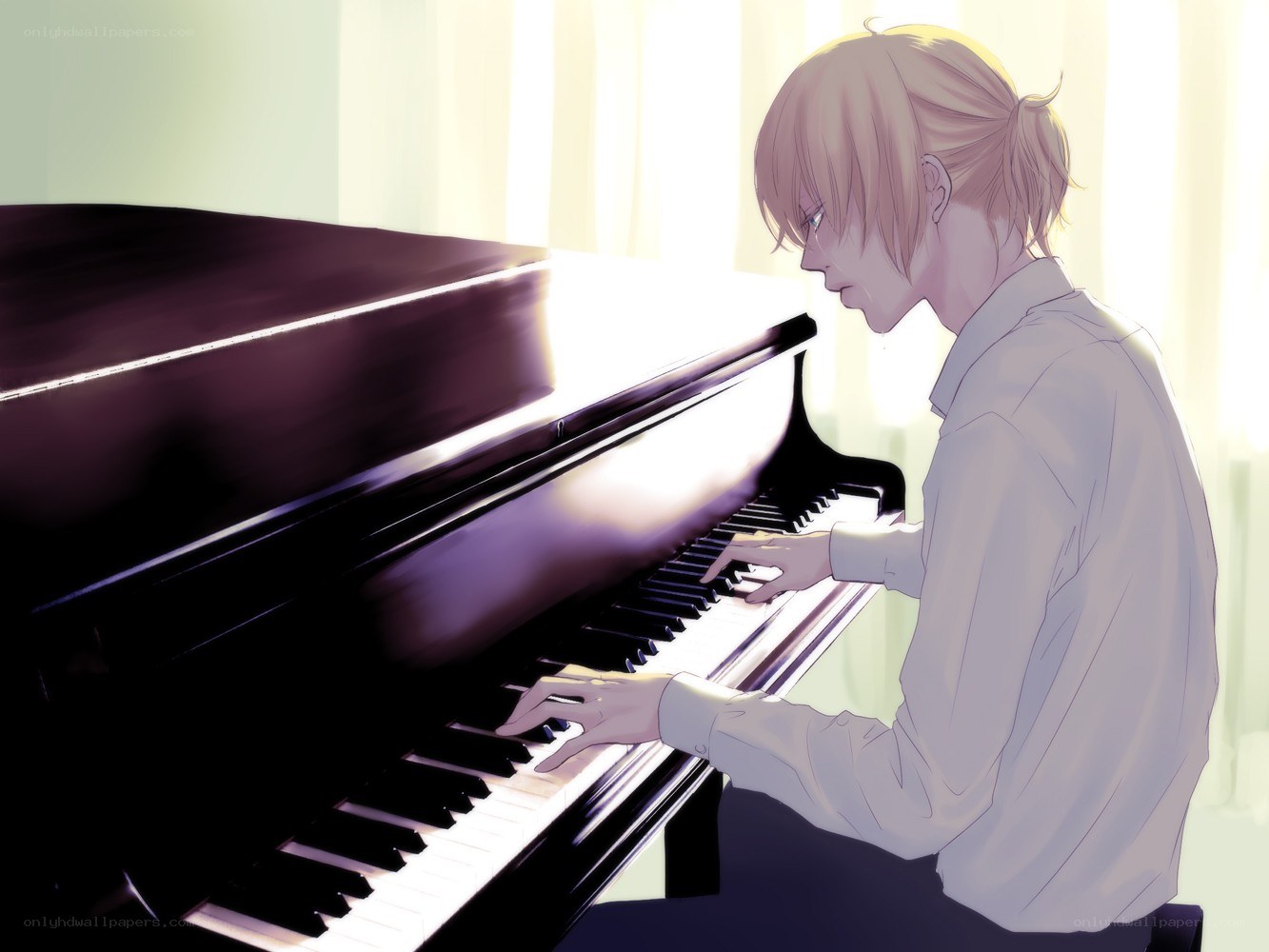 anime pianist in sunlight