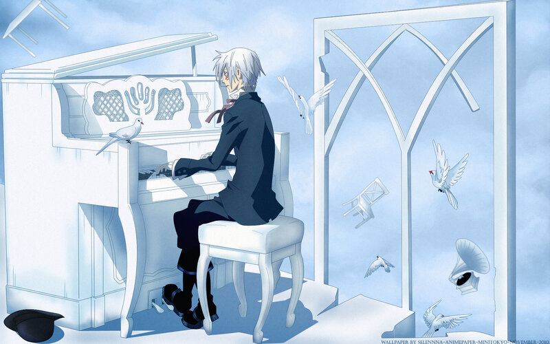 Anime pianist with doves