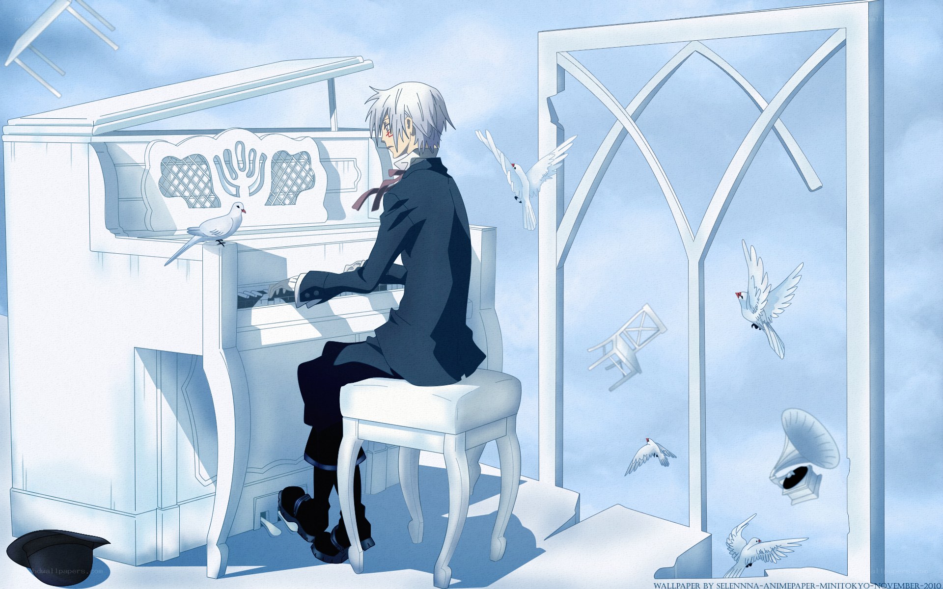 Anime pianist with doves