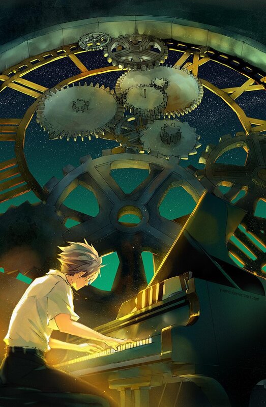 Anime pianist with gears
