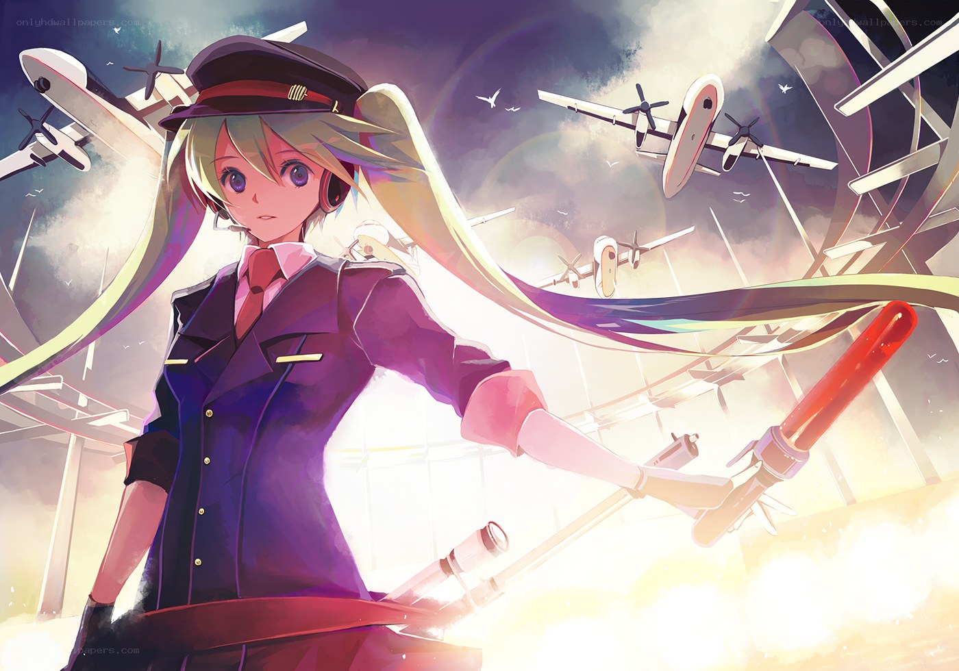 anime pilot girl with planes