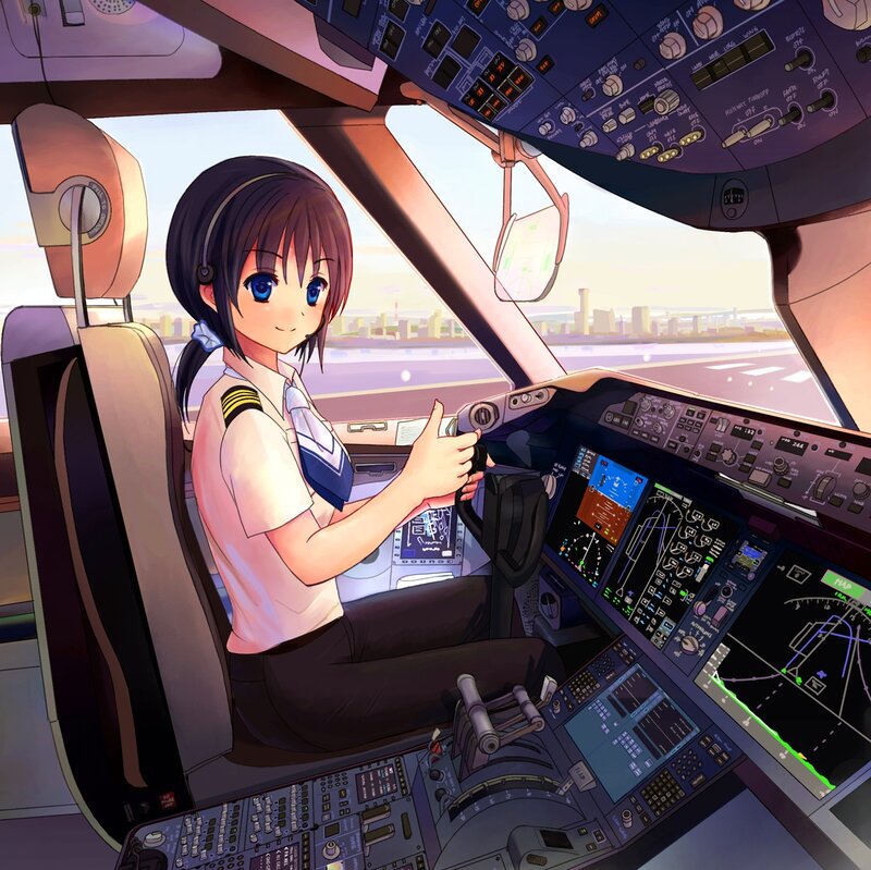Anime Pilot in Cockpit — Blue, Calm