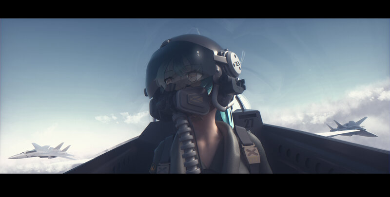 Anime Pilot in Cockpit — Blue, Dramatic, Afternoon