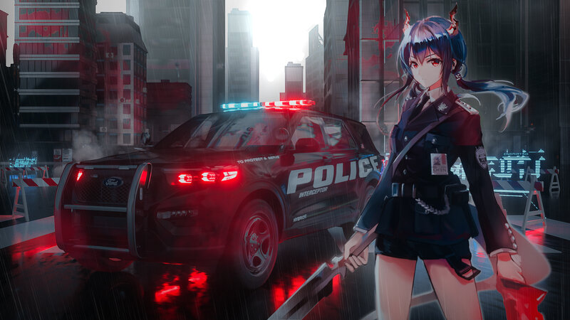Anime Police Officer — Black, Dramatic, Night