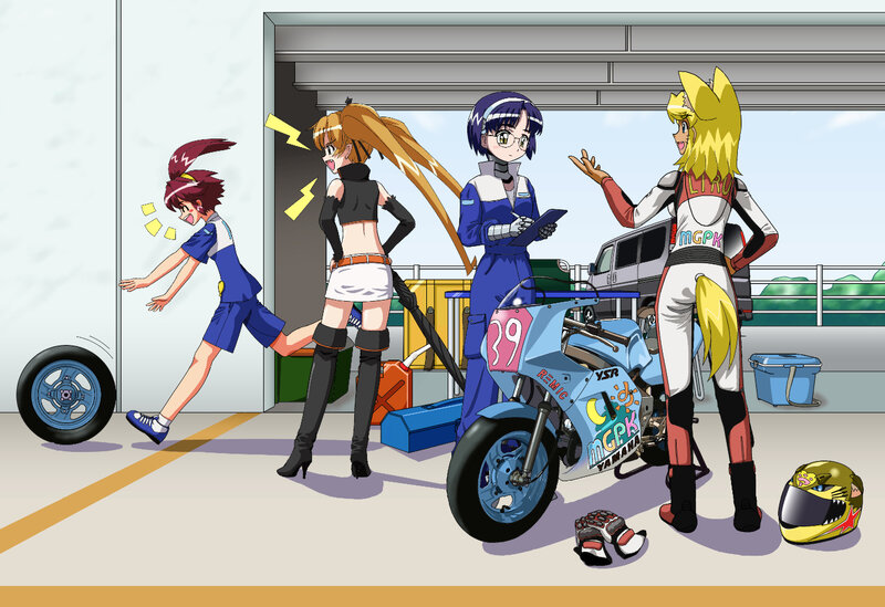 Anime racers in pit lane