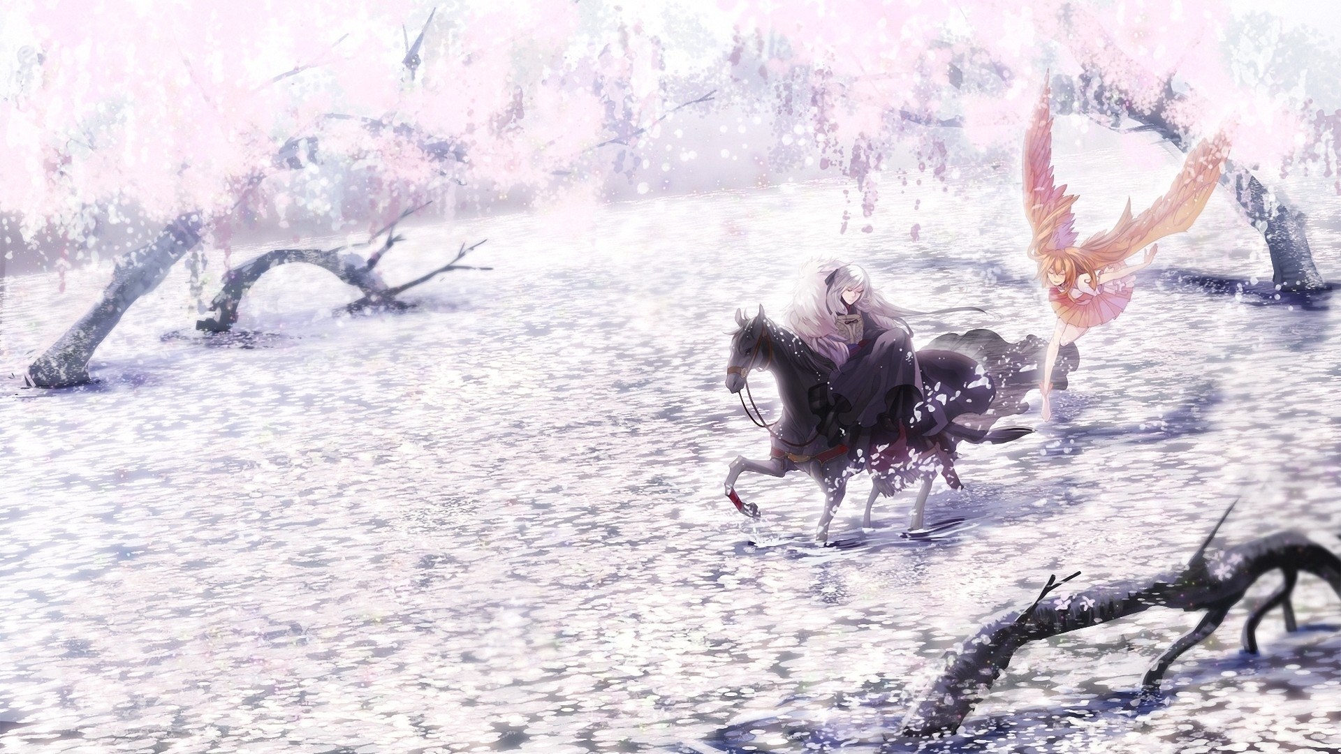 Anime riders in cherry blossom field