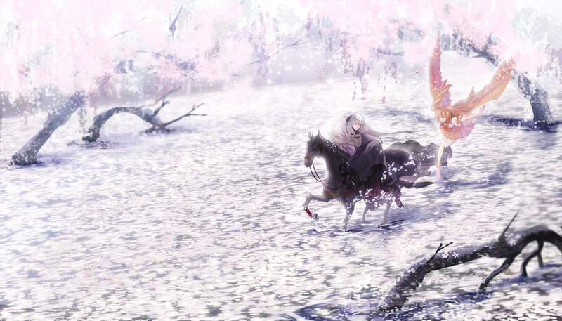 Anime riders in cherry blossom rain