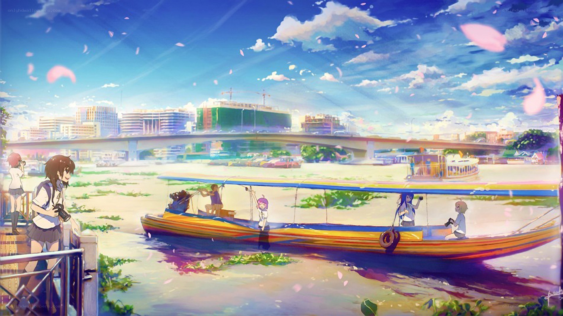 Anime river scene with boats