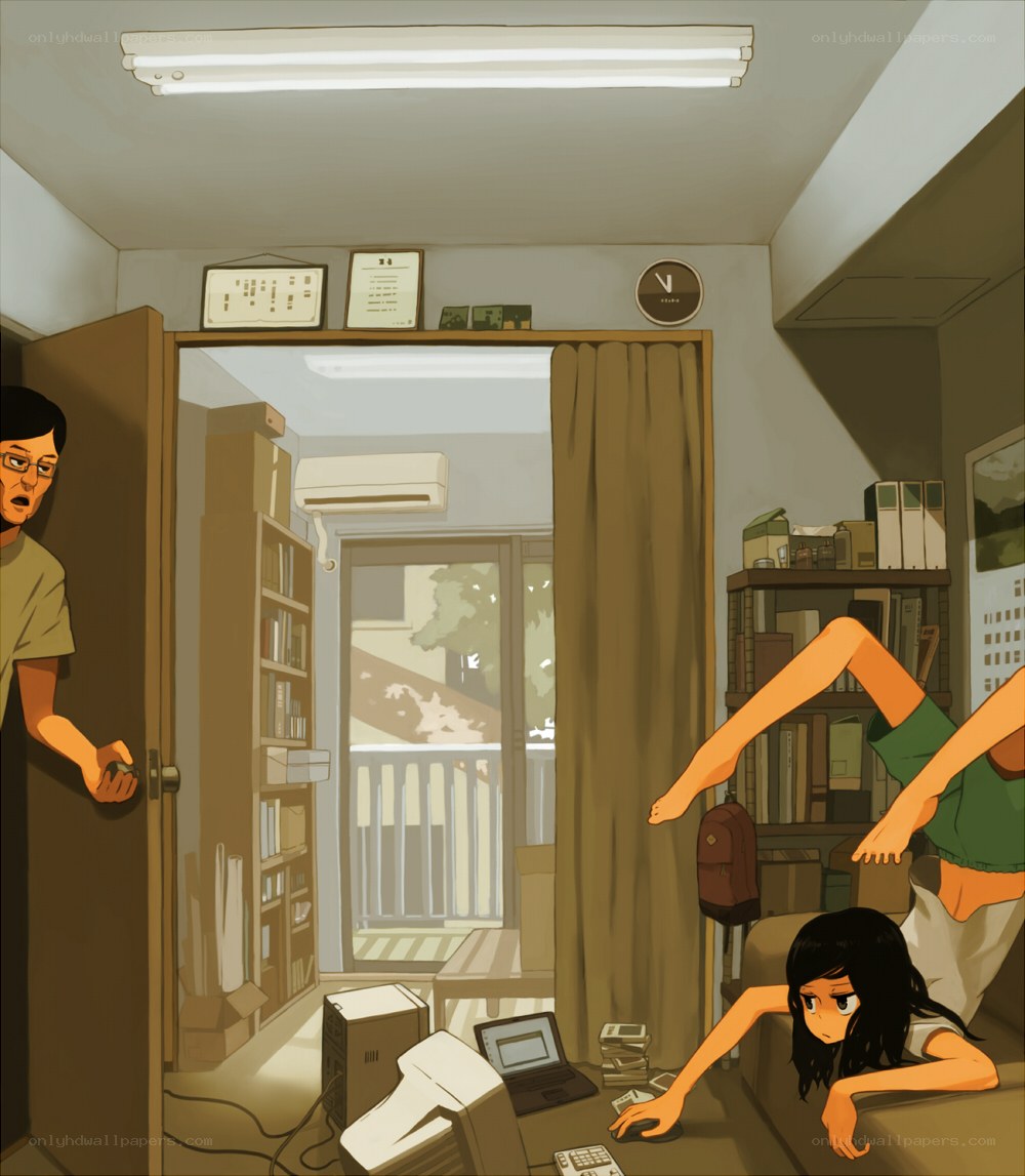 Anime room scene with characters