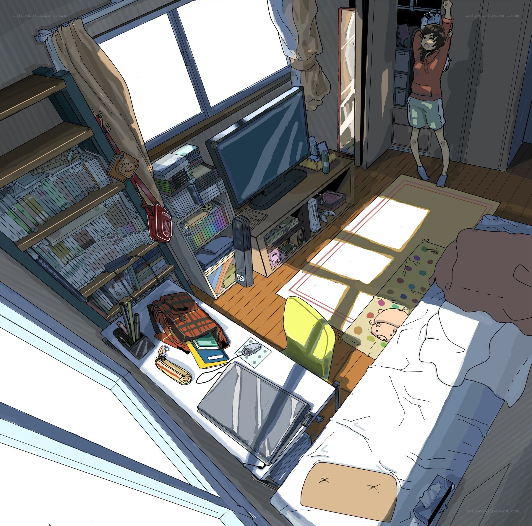 Anime room with character stretching