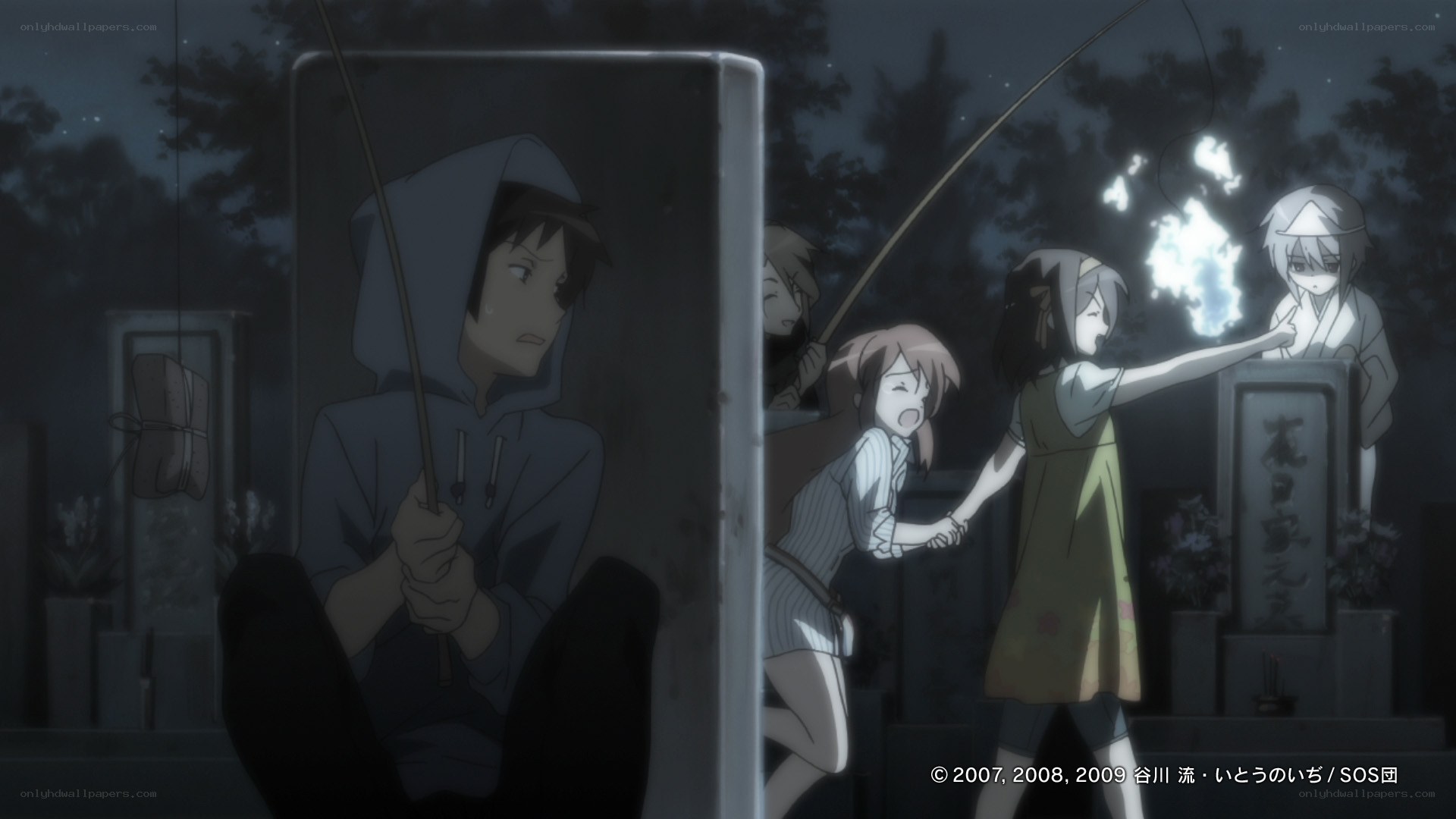 Anime scene at night with characters