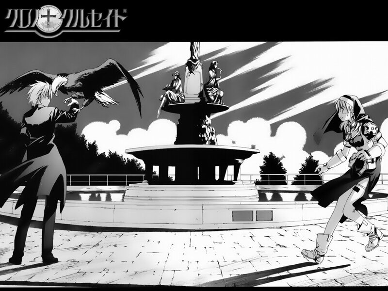 Anime scene with birds and statues