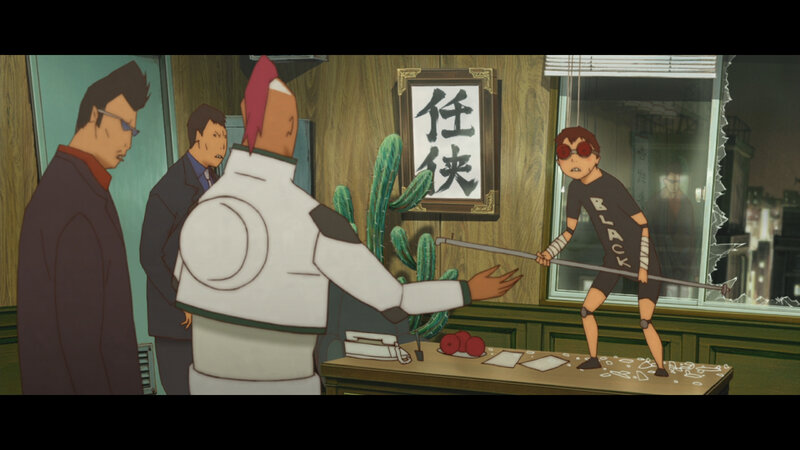Anime scene with broken window