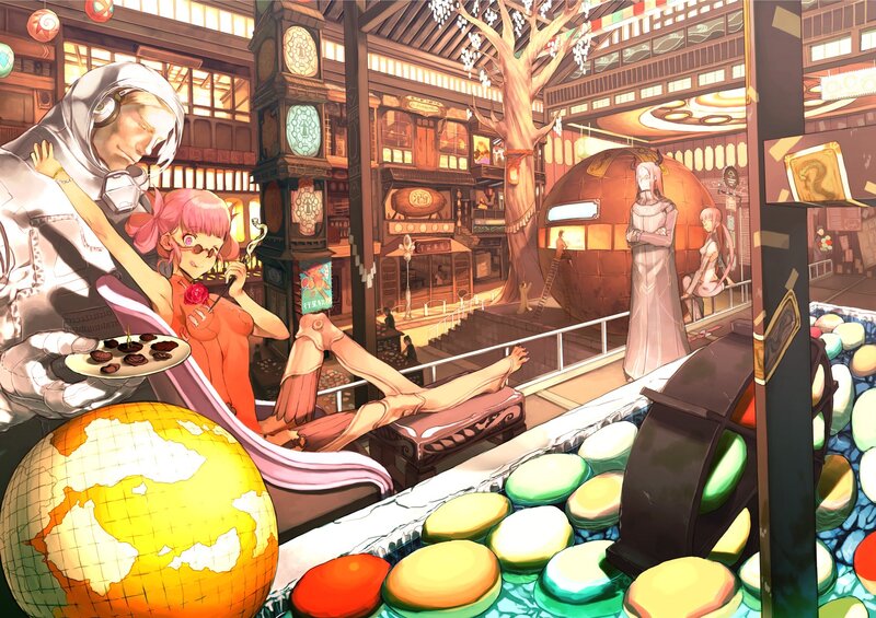 Anime scene with characters in market