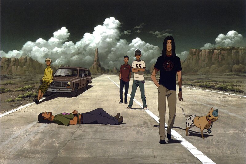 Anime scene with characters on road