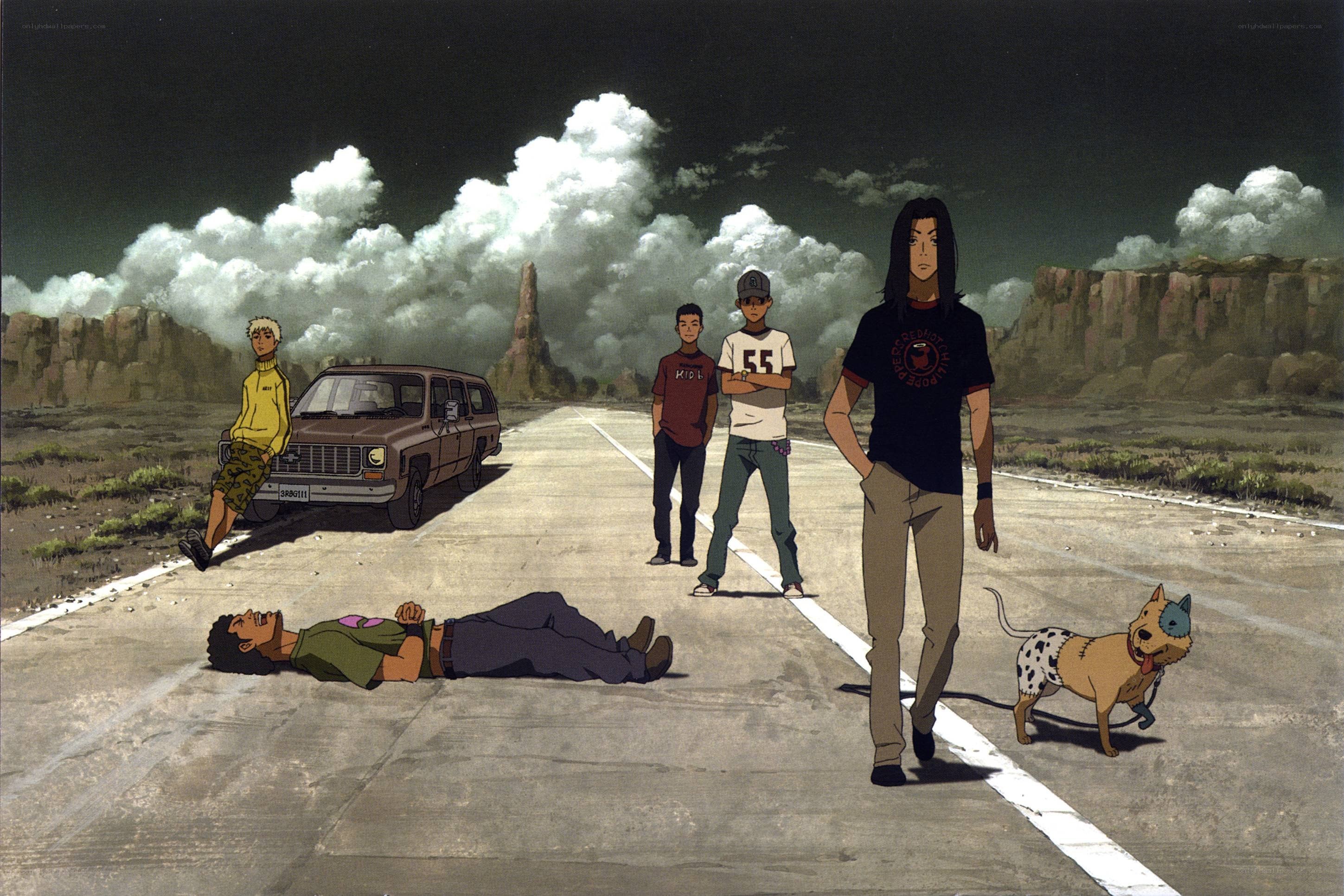 Anime scene with characters on road
