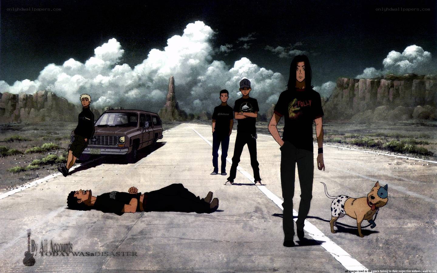 Anime scene with characters on road