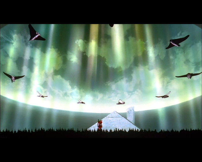 anime scene with flying objects