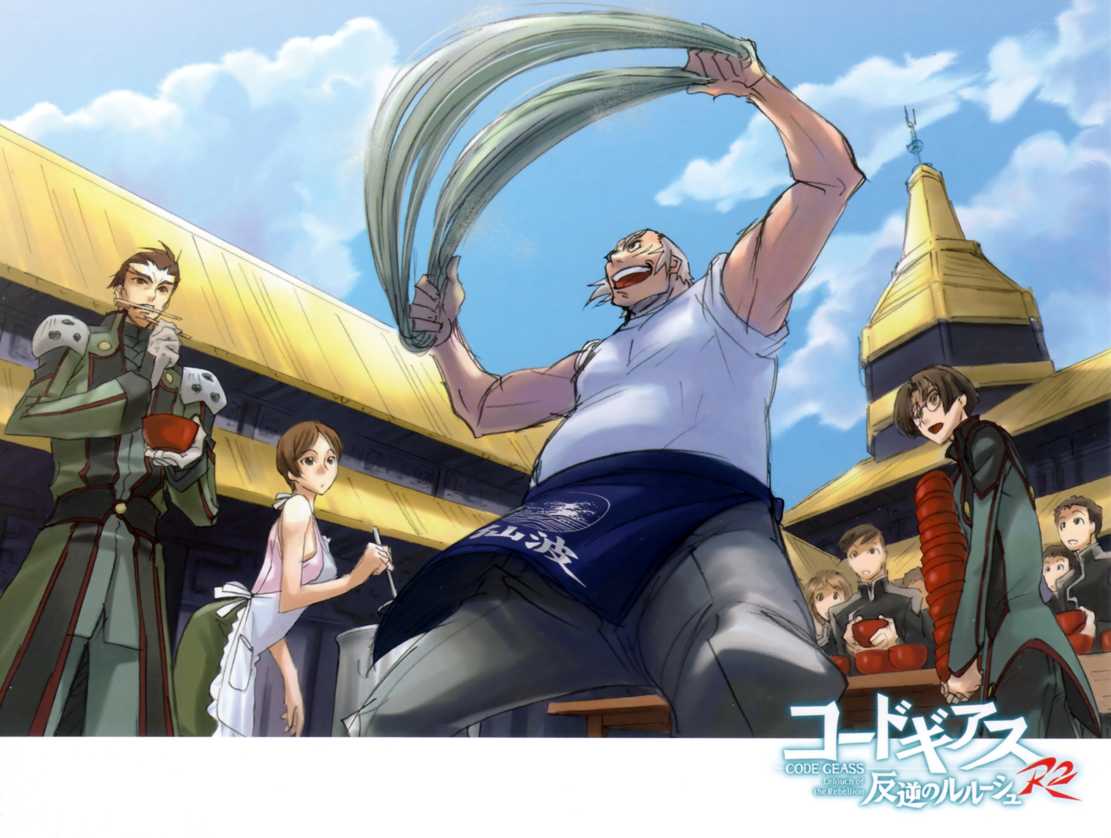 Anime scene with noodle chef