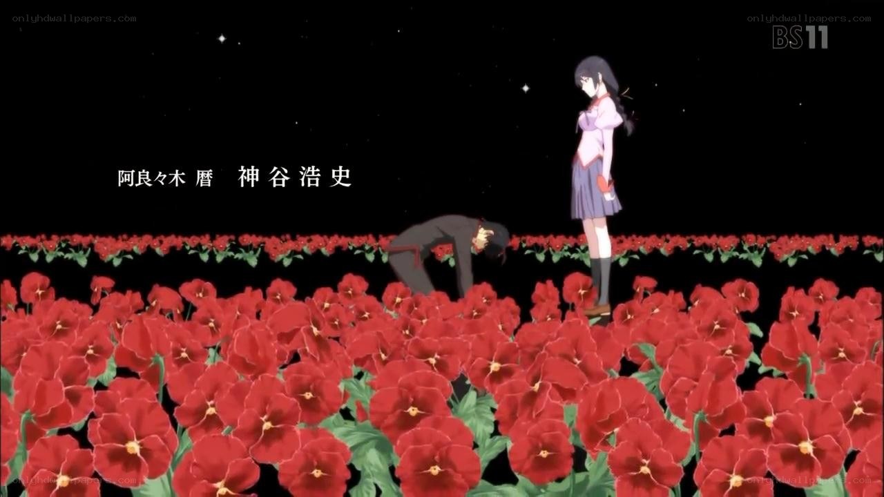Anime scene with red flowers