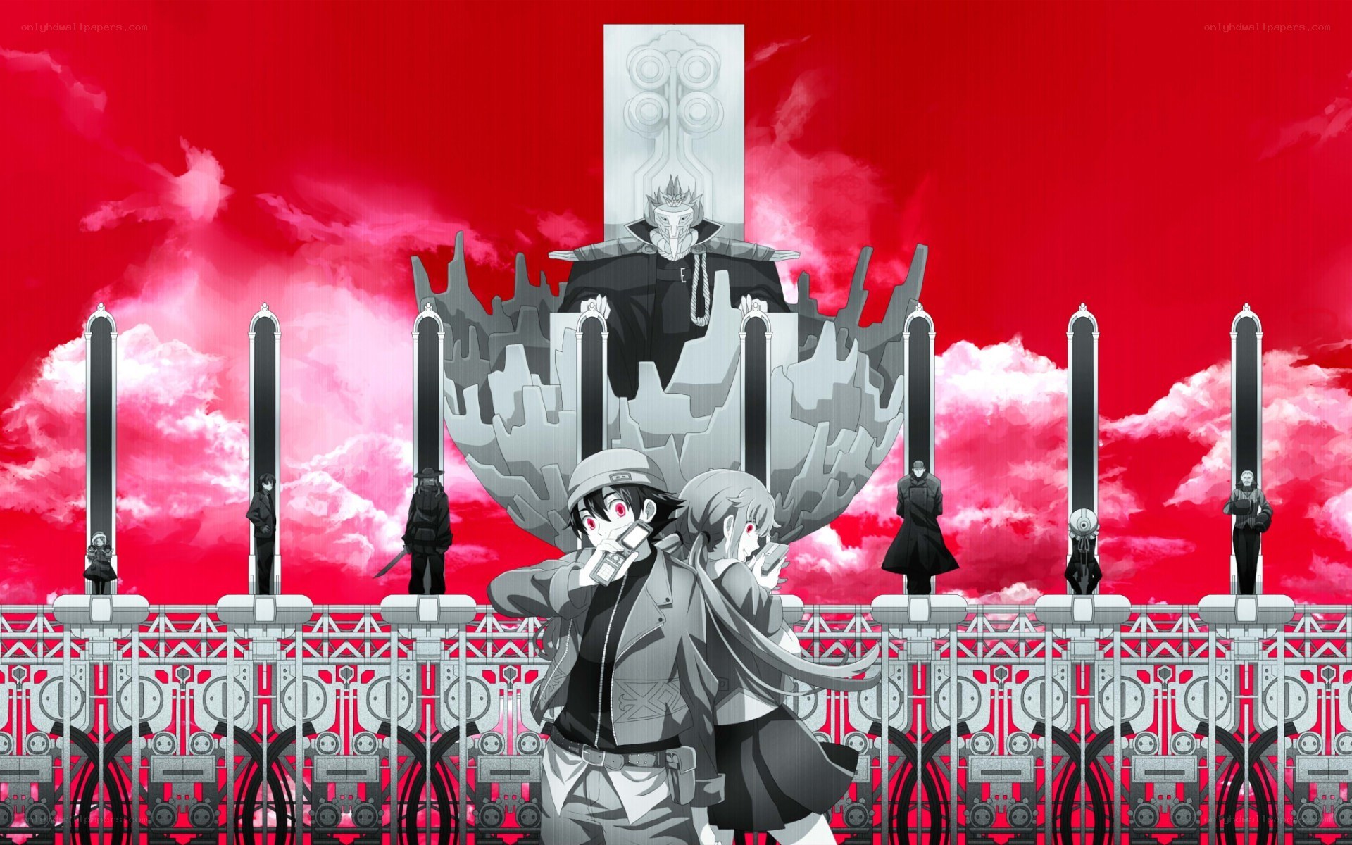 Anime scene with red sky