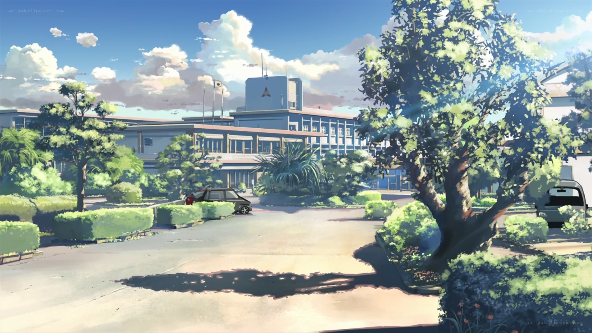 Anime school courtyard scene