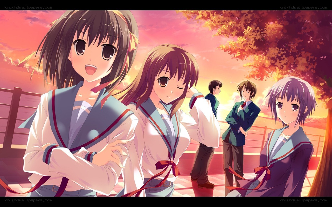 Anime school friends at sunset