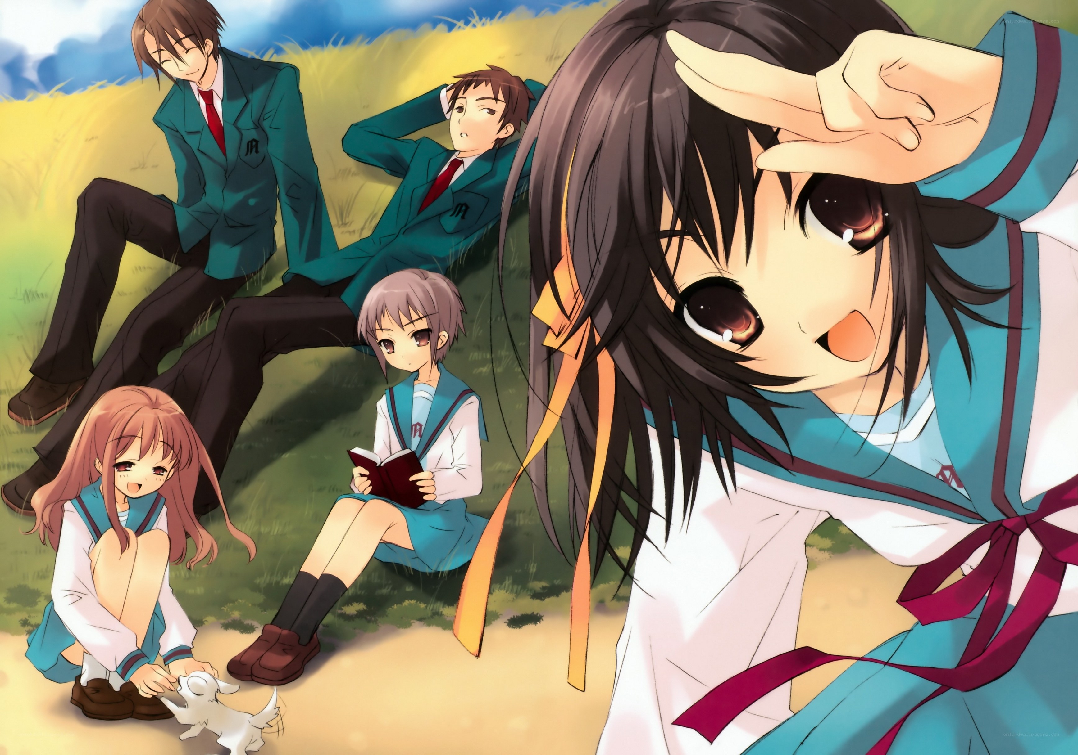 Anime school friends in field