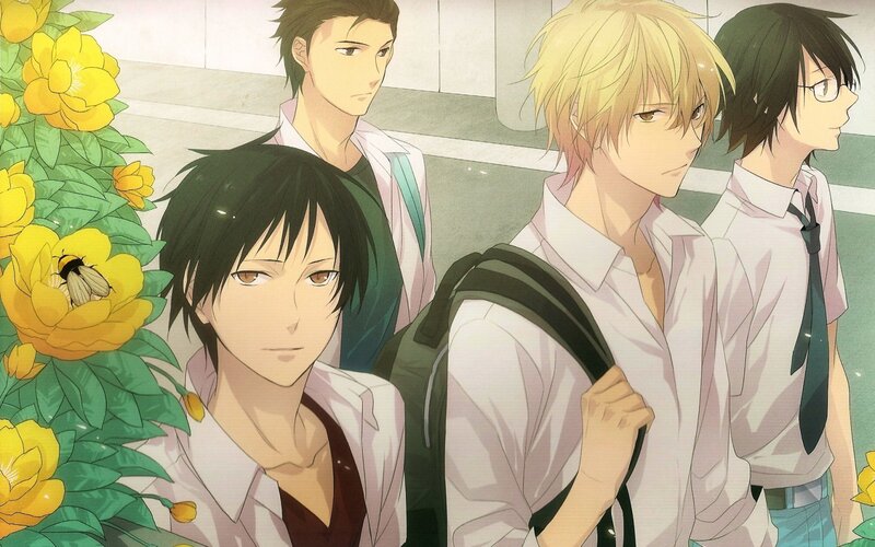 anime schoolboys with flowers