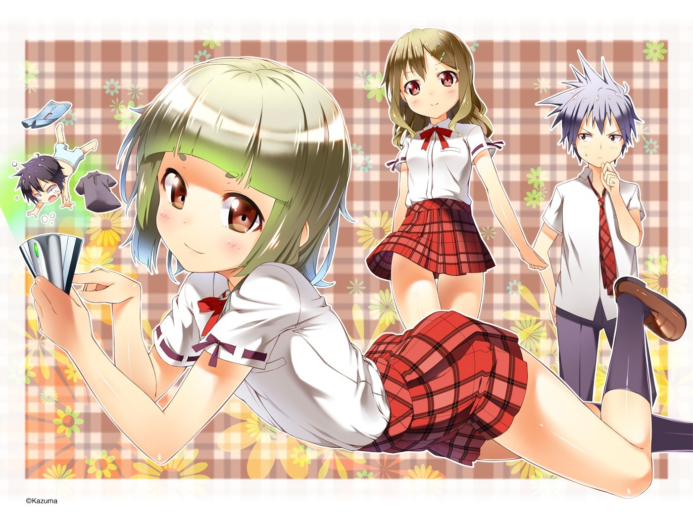Anime schoolgirls and boy