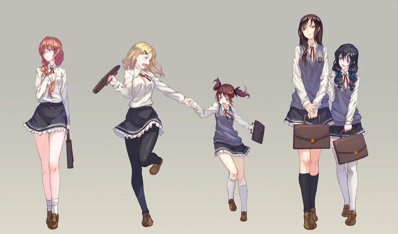 Anime schoolgirls with briefcases