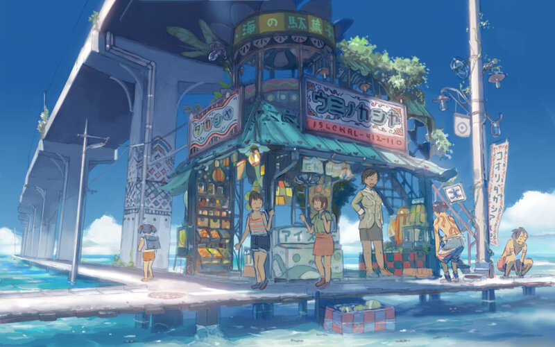 Anime shop on a seaside pier