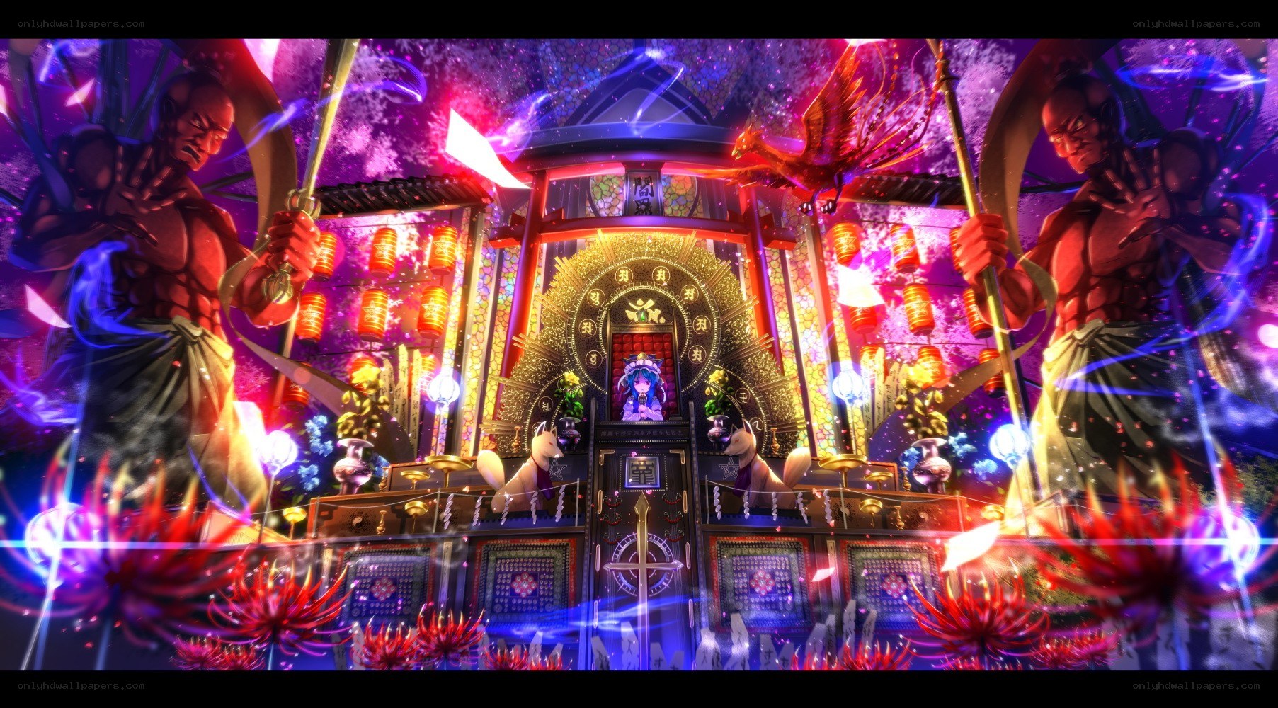 Anime shrine with guardian statues