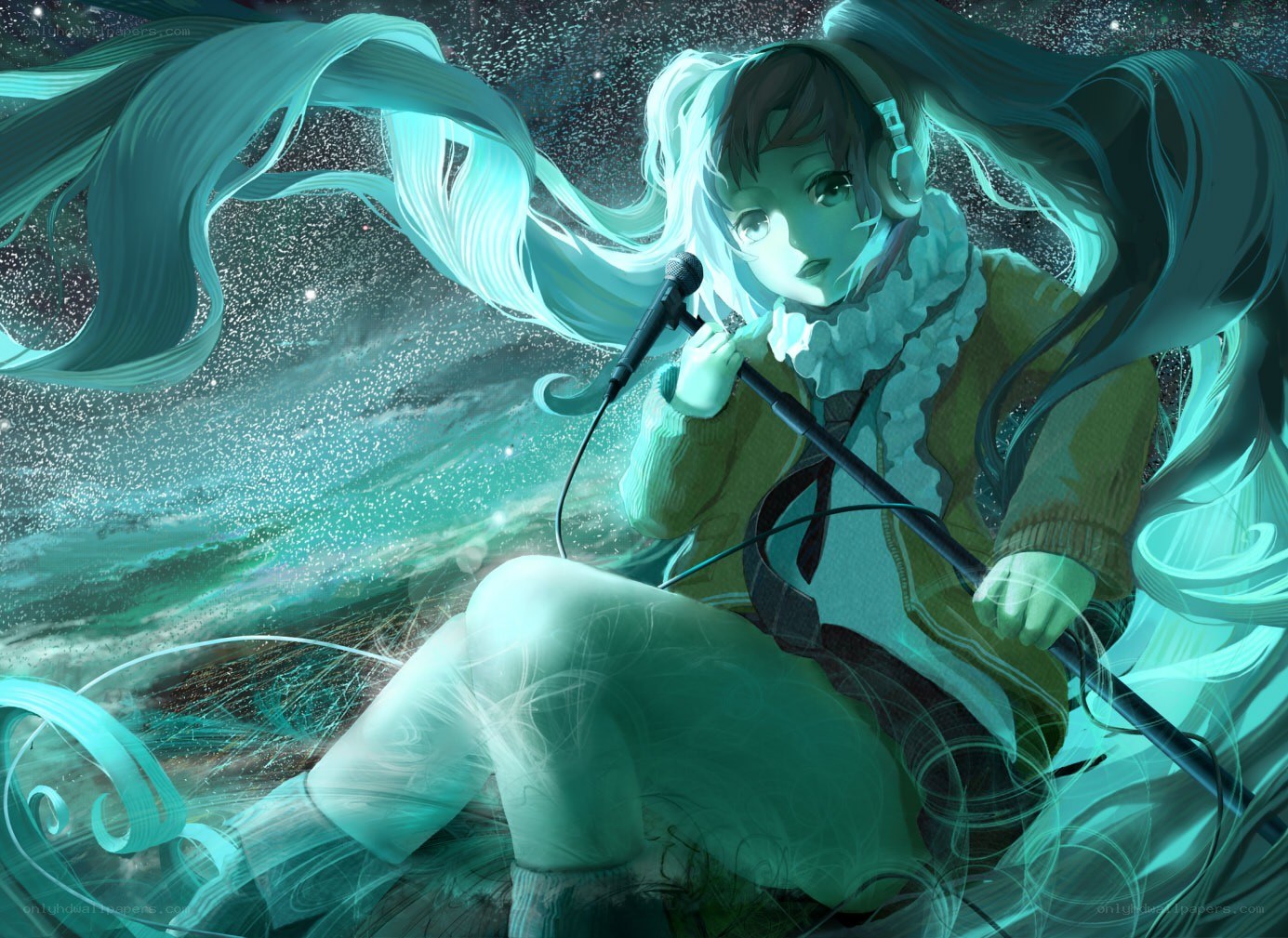 Anime singer in starry night