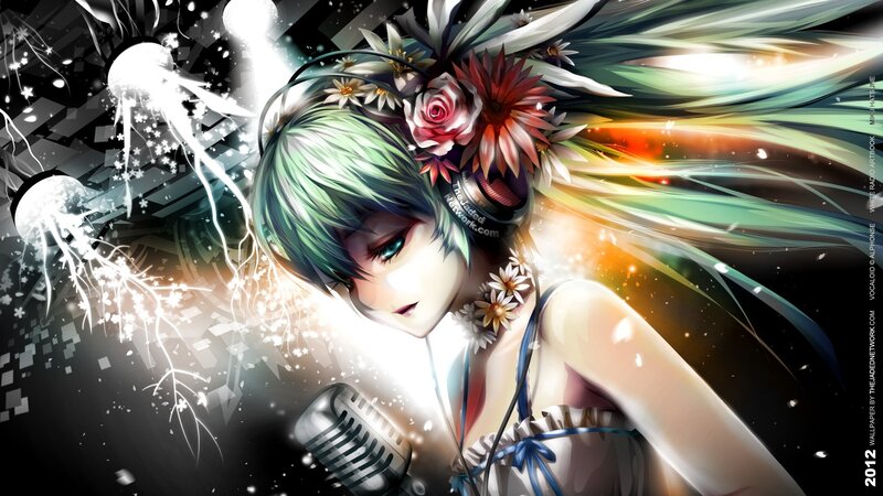 Anime singer with flowers and microphone
