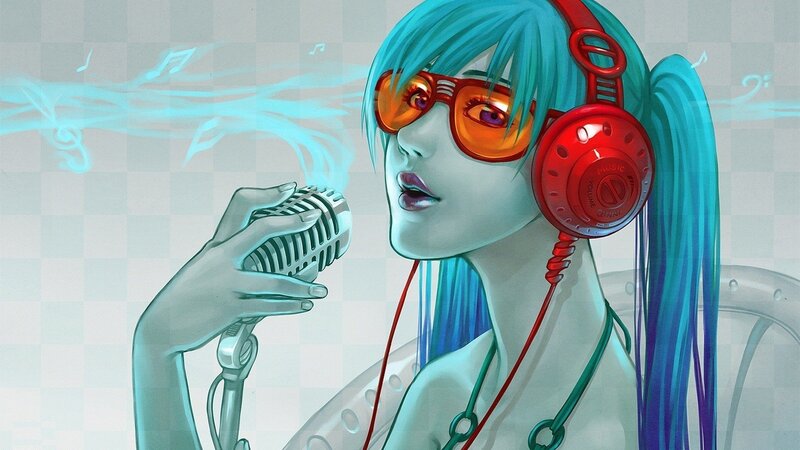 Anime Singer with Microphone — Blue, Cool