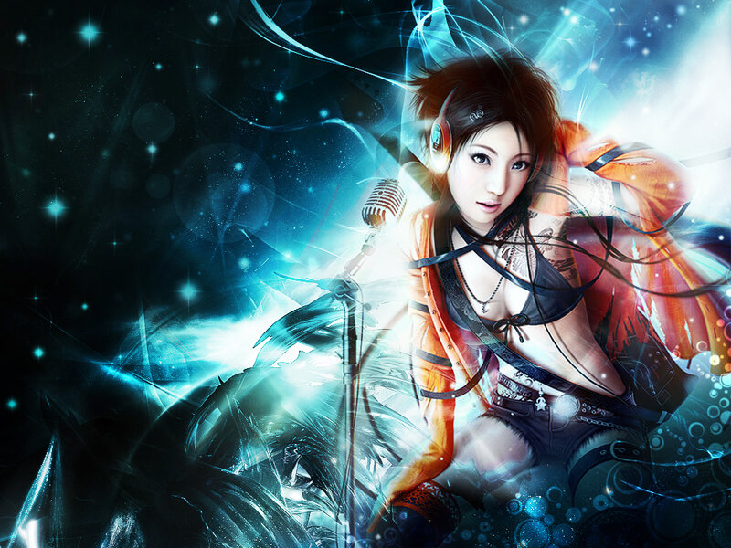 Anime Singer with Microphone — Blue, Dramatic