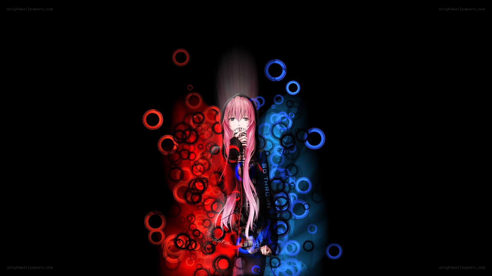 anime singer with red and blue circles