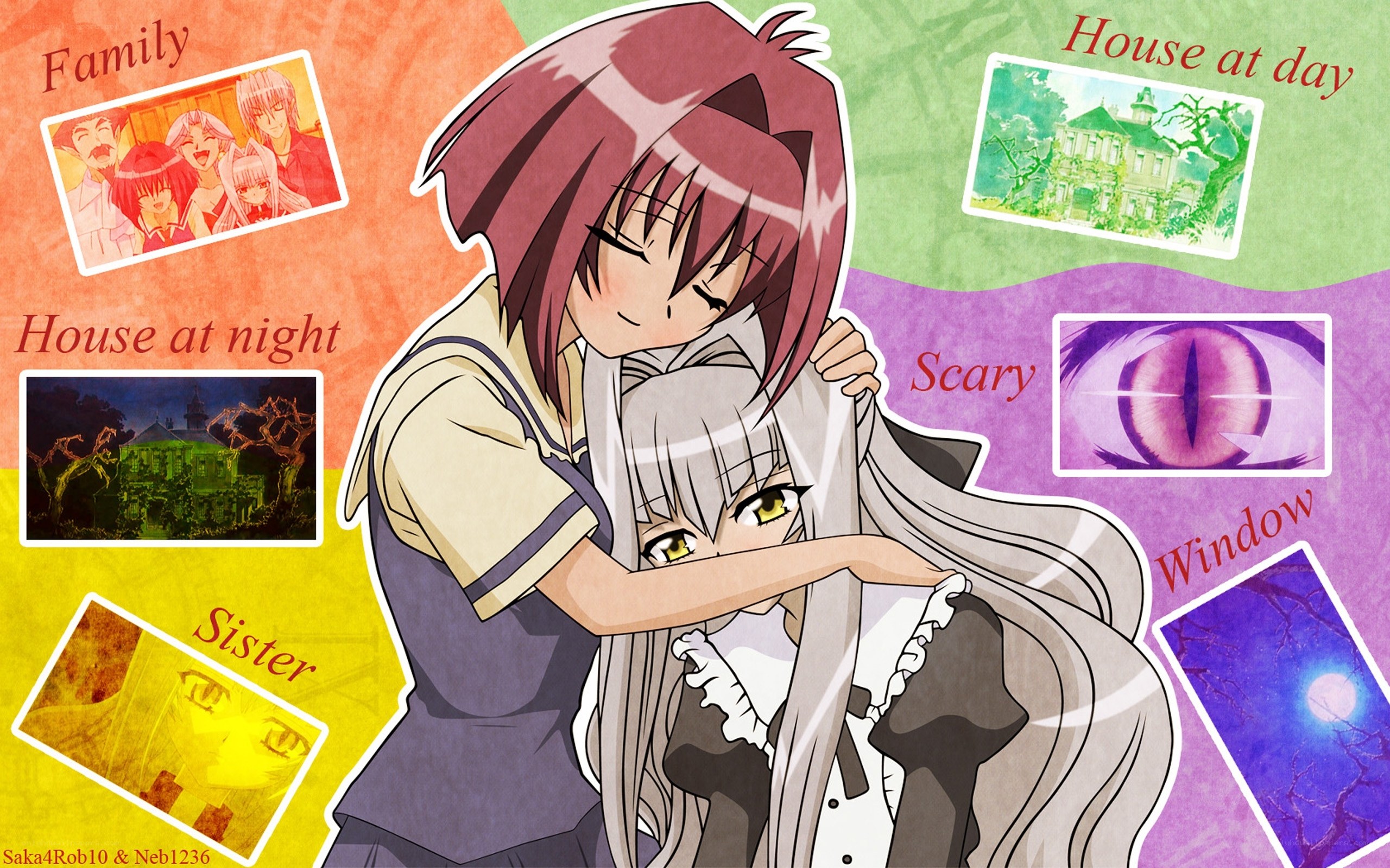Anime sisters hugging at home