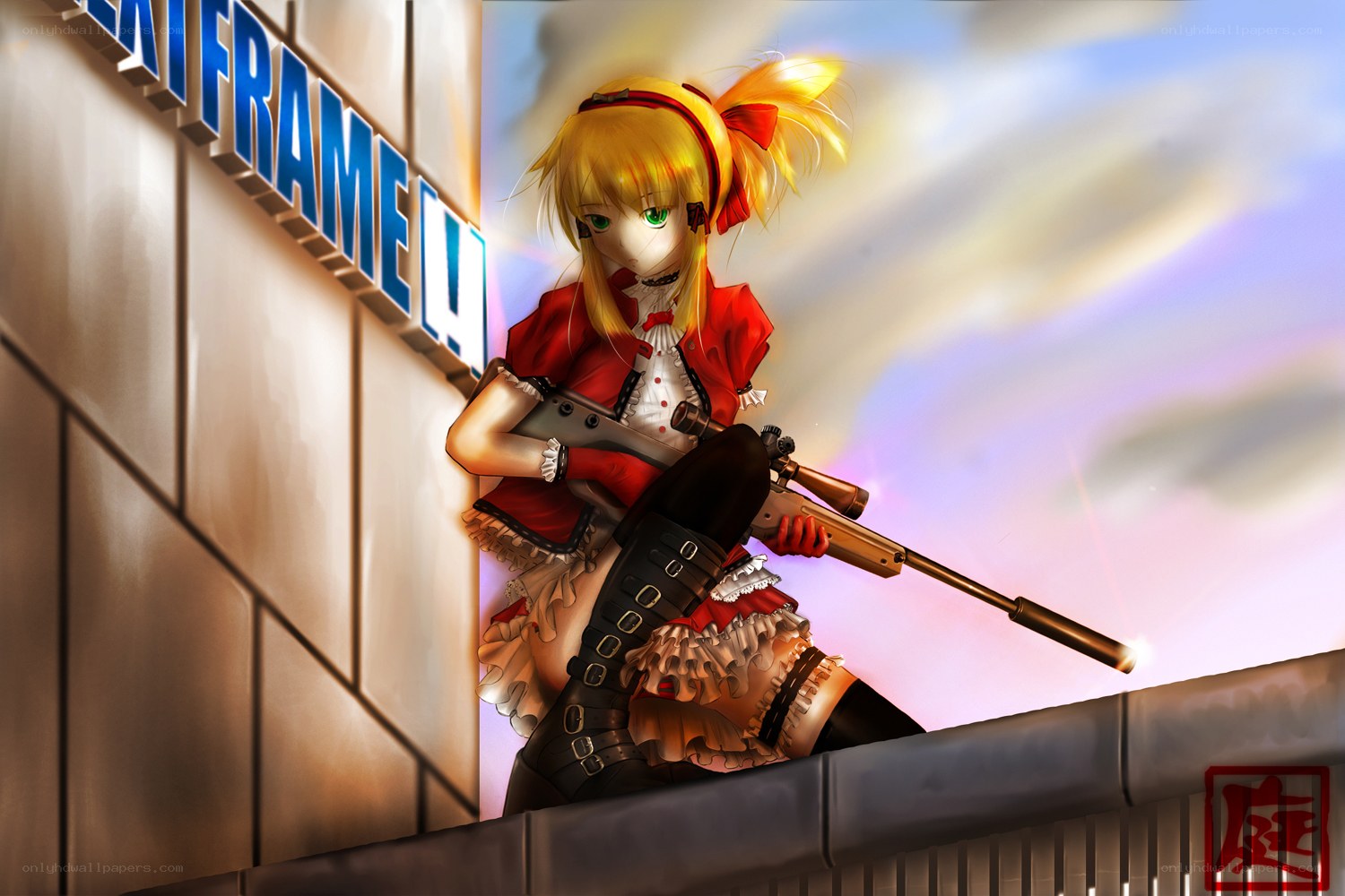 Anime sniper on a rooftop