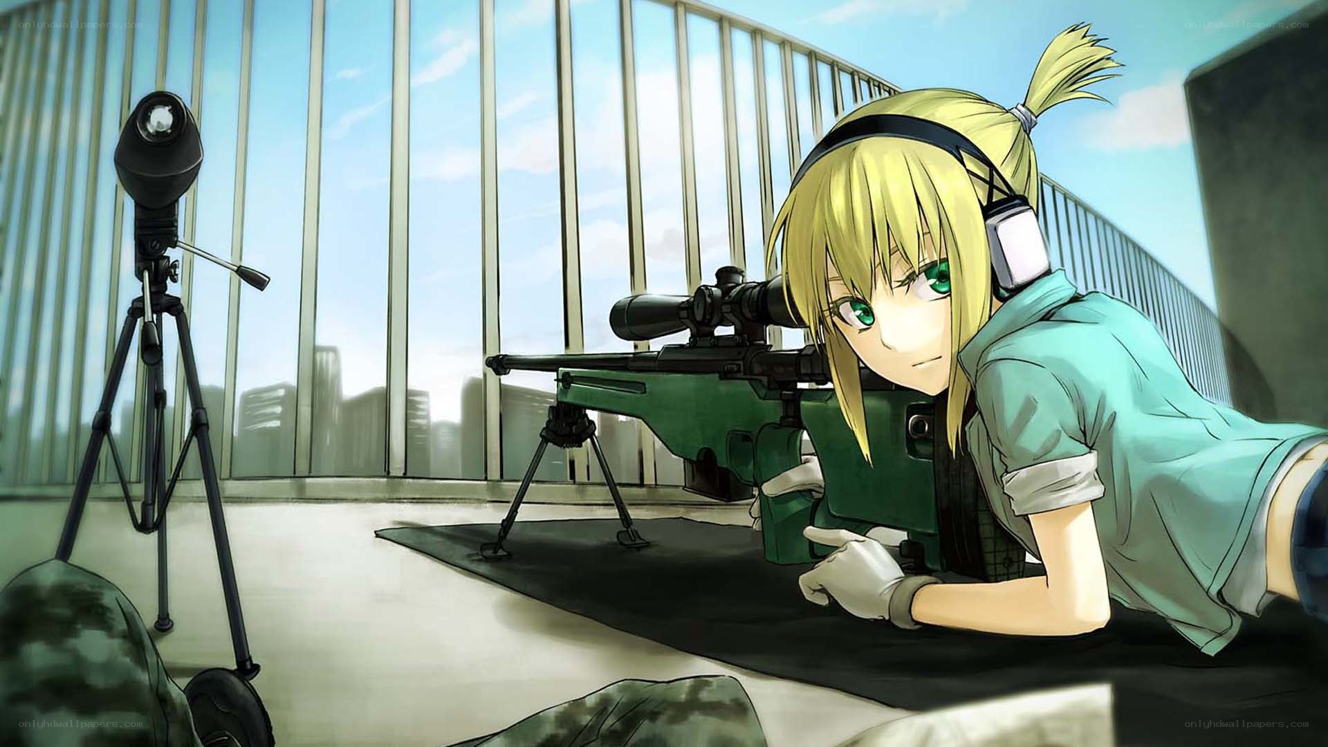 anime sniper on rooftop