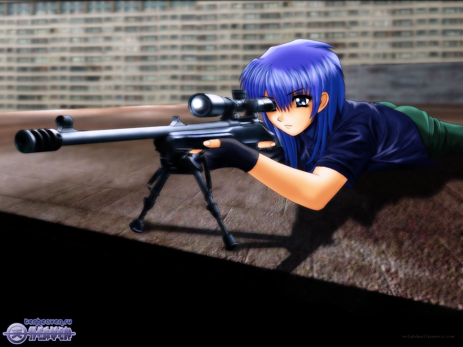 anime sniper on rooftop