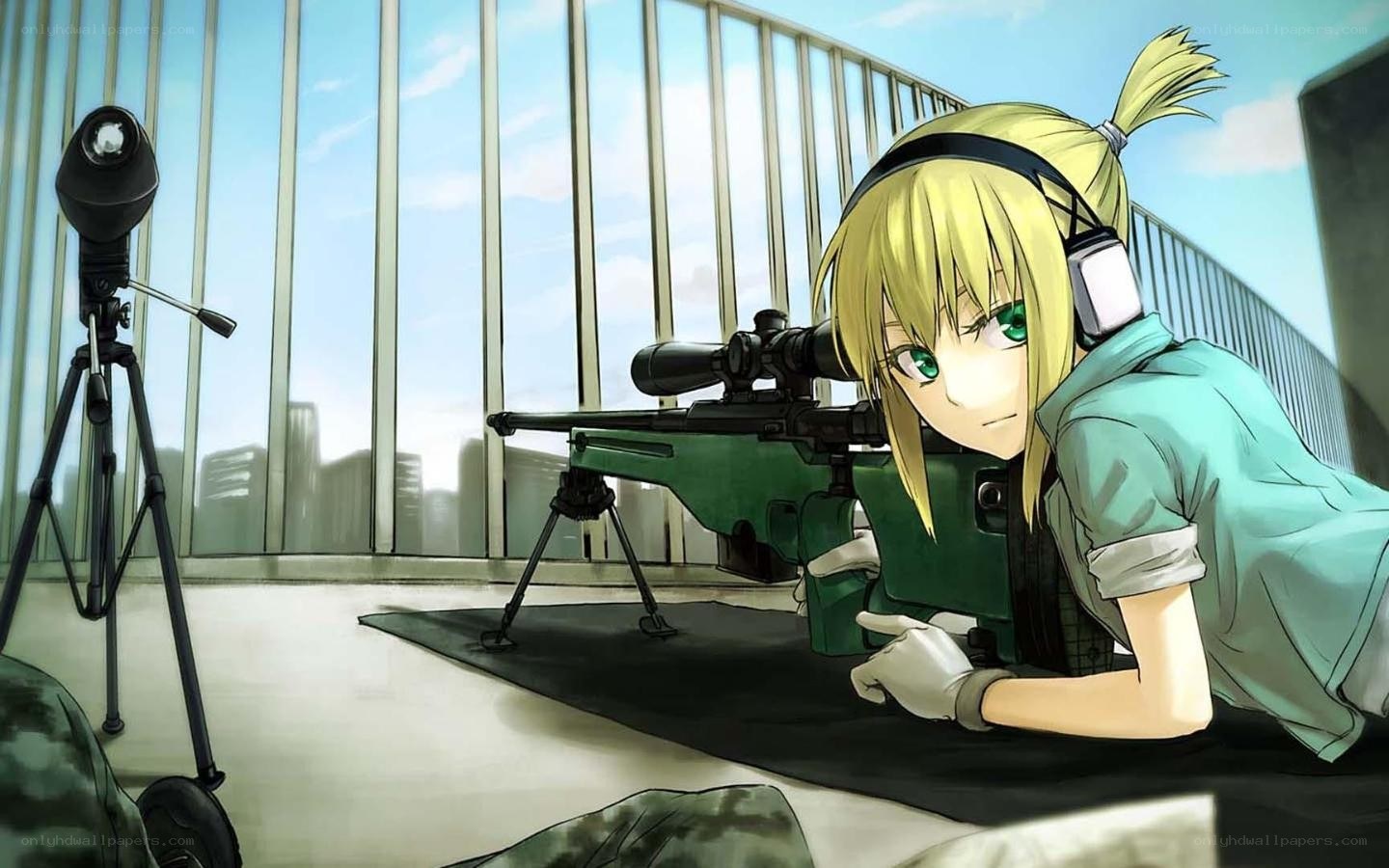 anime sniper on rooftop