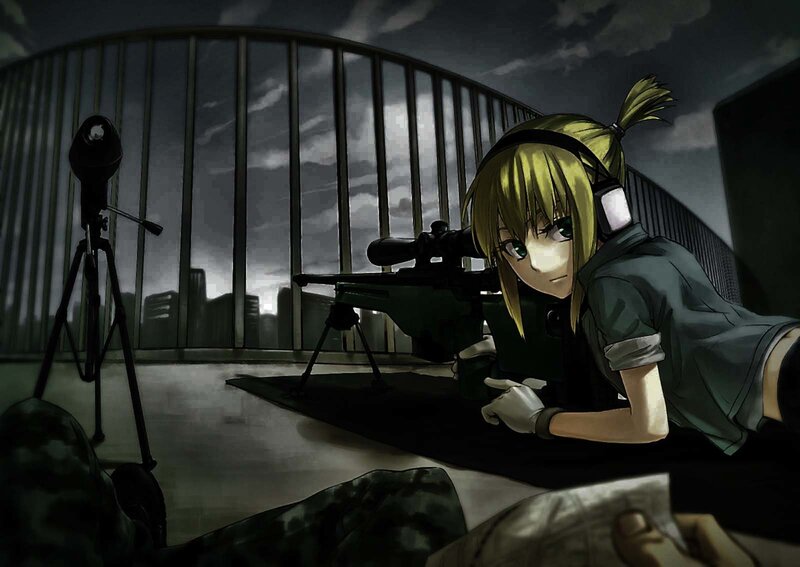 anime sniper on rooftop