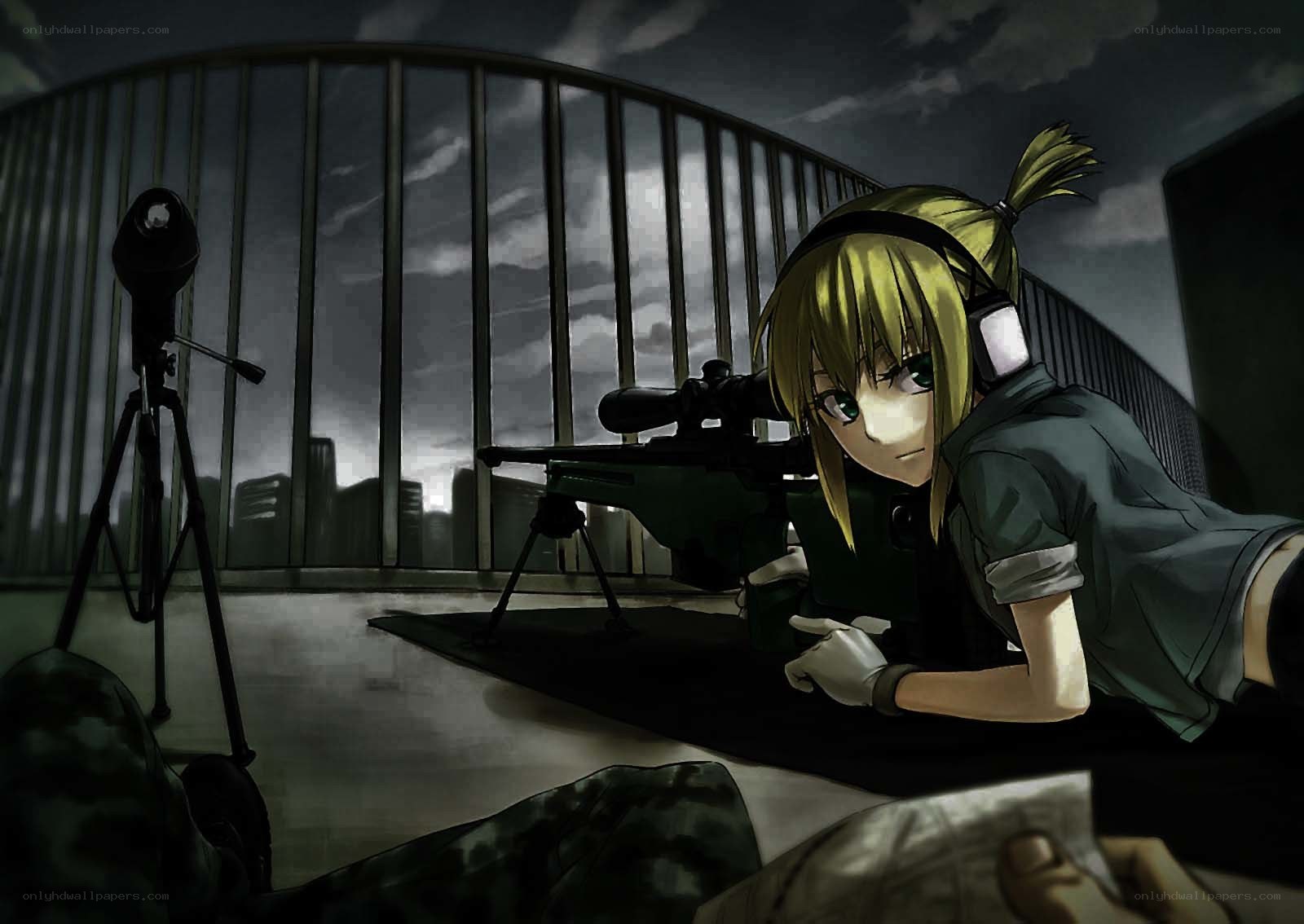 anime sniper on rooftop