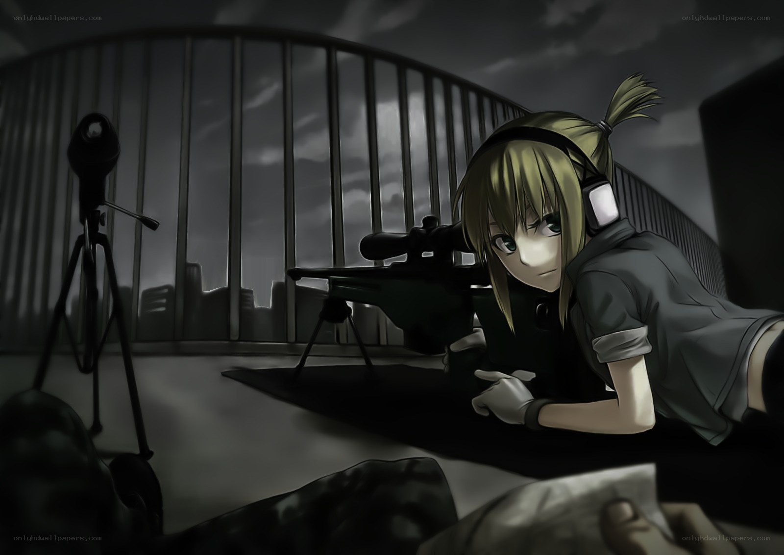 anime sniper on rooftop