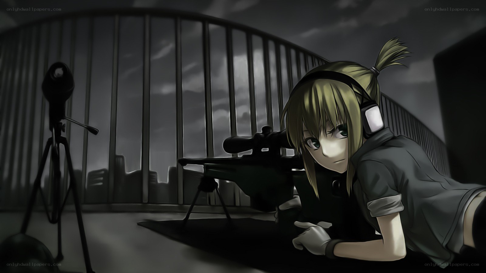 anime sniper on rooftop